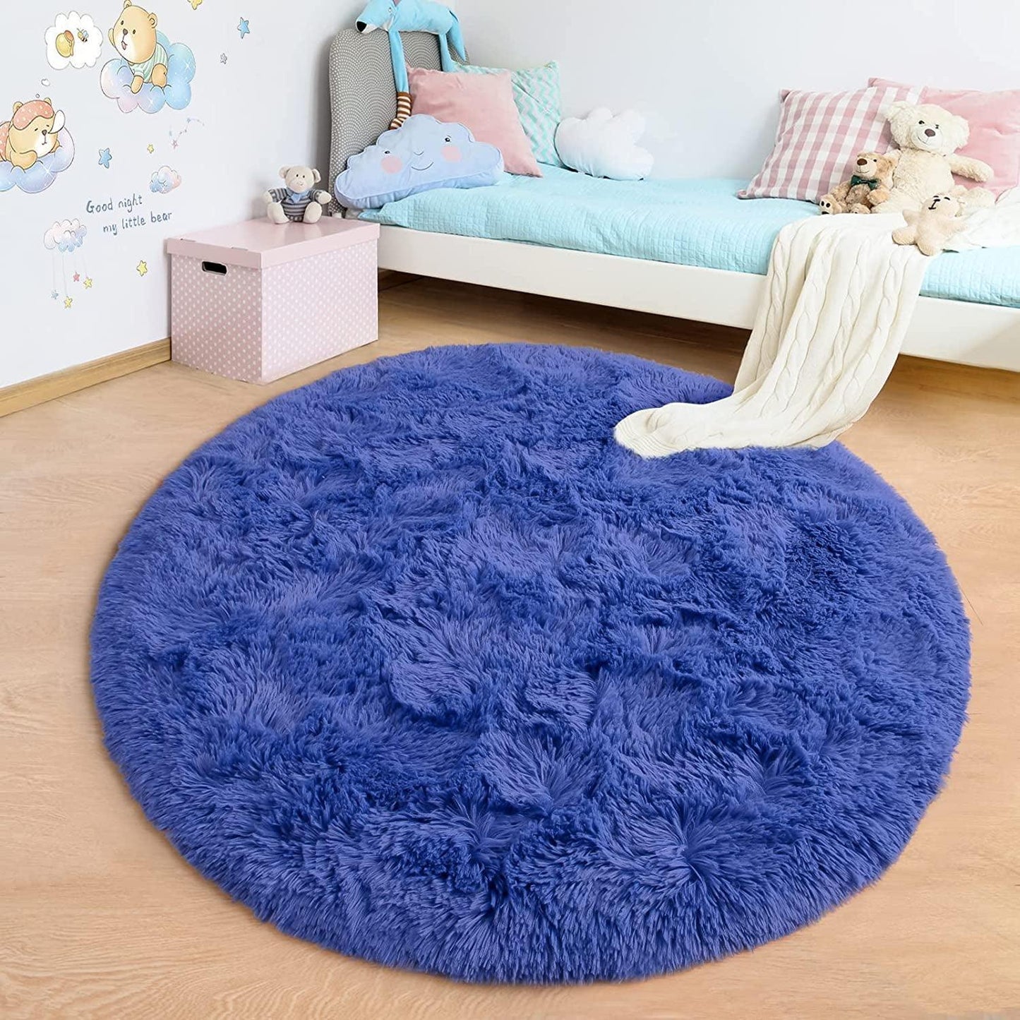 round Rug 5X5 Feet Fluffy Soft Area Rugs for Kids Girls Room Princess Castle Plush Shaggy Carpet Cute Circle Nursery Rug for Kids Girls Bedroom Baby Room Home Decor Circular Carpet, Navy Blue - Fly It Try It