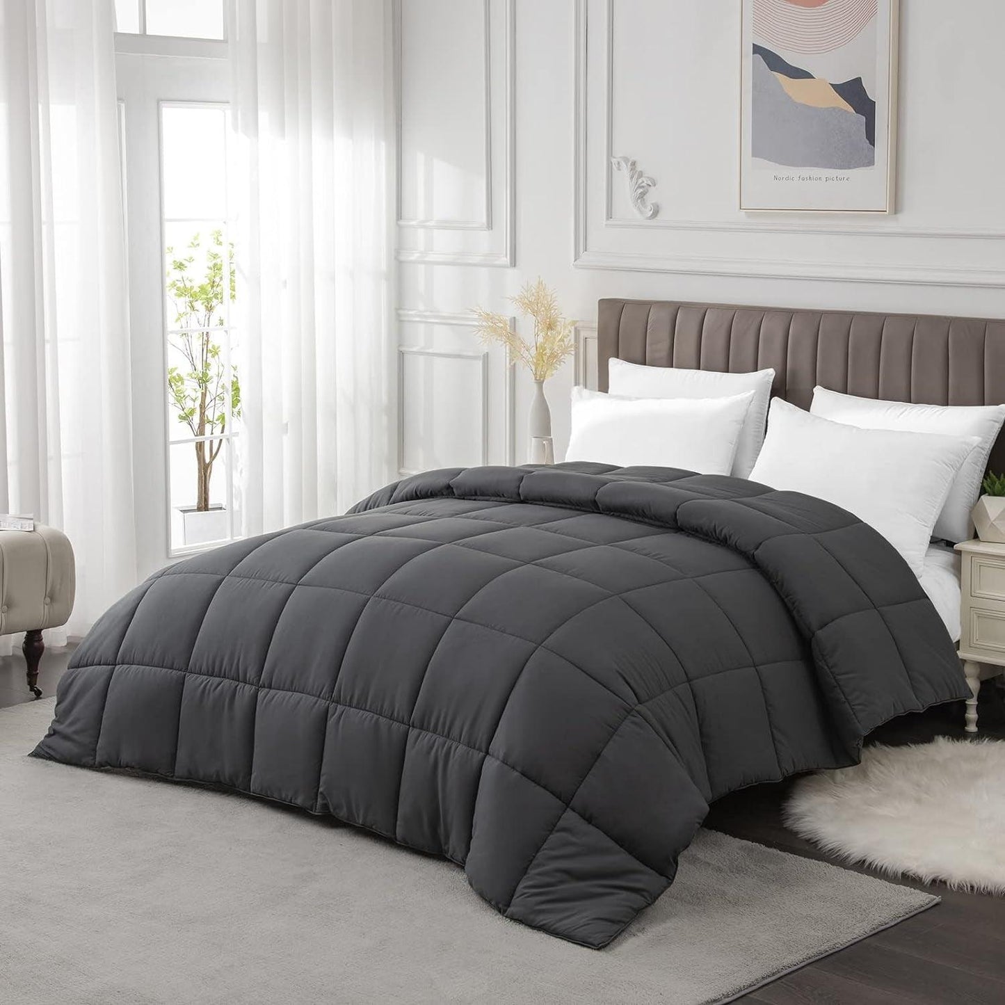 California King Comforter Duvet Insert - All Season Dark Grey Comforters Cal King - Quilted down Alternative Bedding Comforter with Corner Tabs - Winter Summer Fluffy Soft - Machine Washable - Fly It Try It