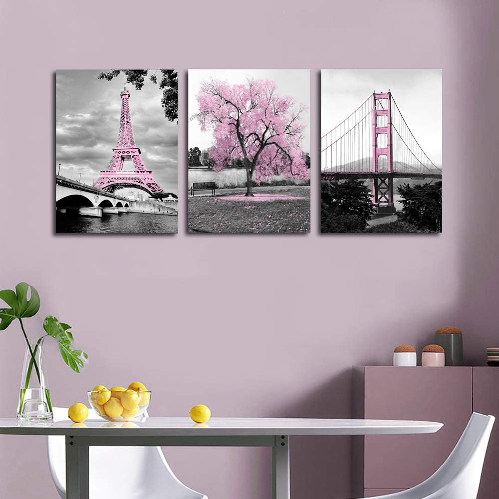 Wall Art for Bedroom Pink Tree Paris Eiffel Tower Golden Gate Bridge Romantic Black and White City Poster Bathroom Pictures Prints on Canvas for Living Room Decor