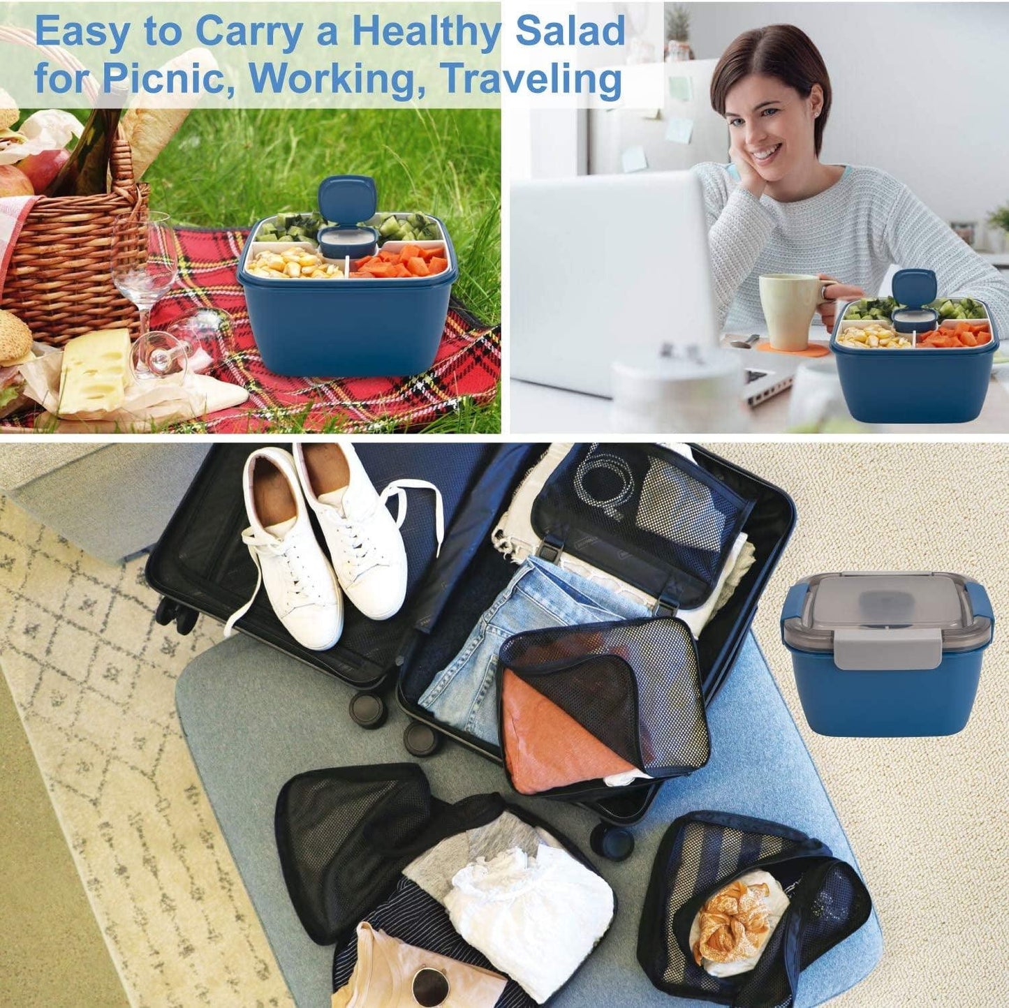 Salad Lunch Container to Go, 52-Oz Salad Bowls with 3 Compartments, Salad Dressings Container for Salad Toppings, Snacks, Men, Women (Blue) - Fly It Try It