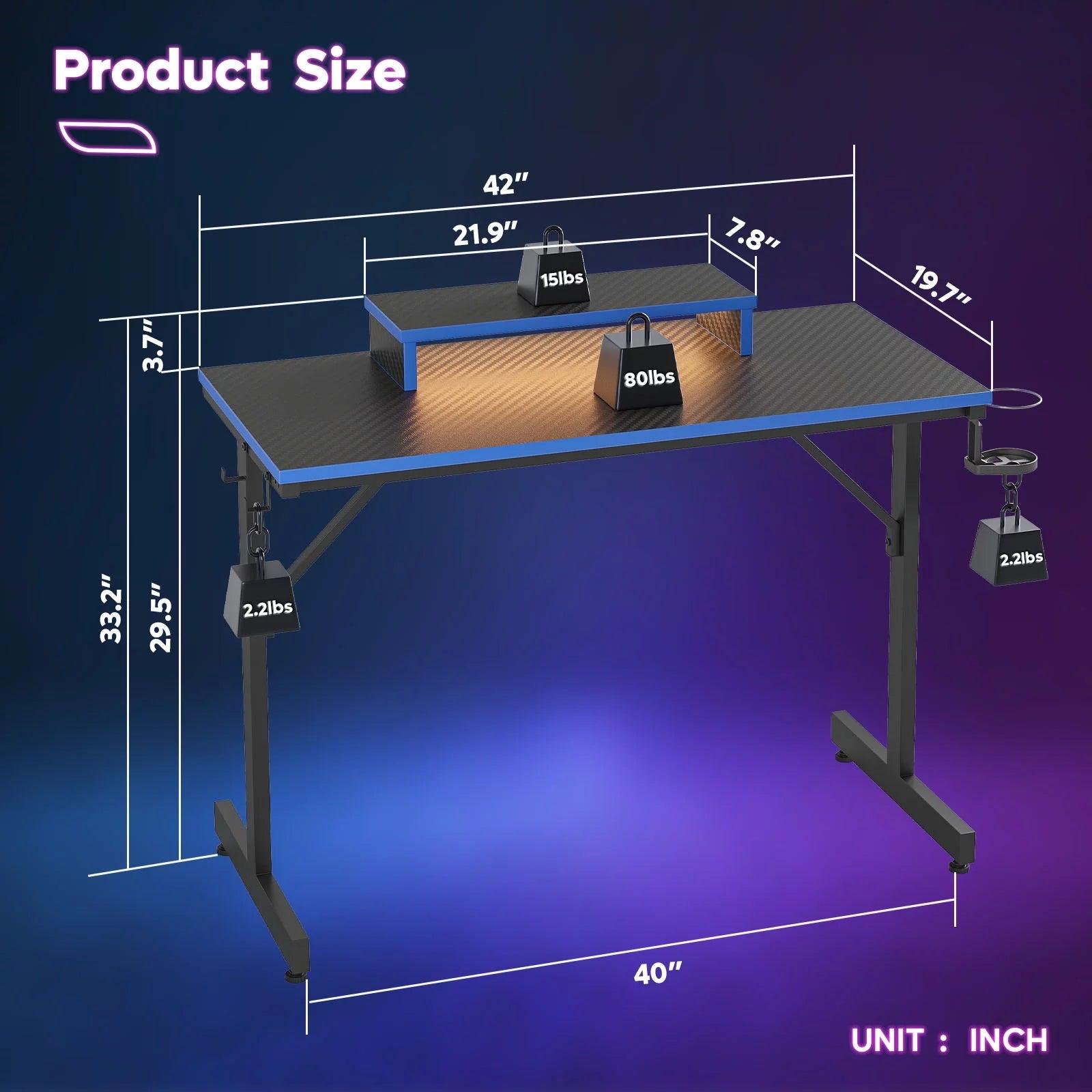 42" Gaming Desk PC Computer Table with LED Lights & Monitor Stand & Hook & Cup Holder in Blue - Fly It Try It