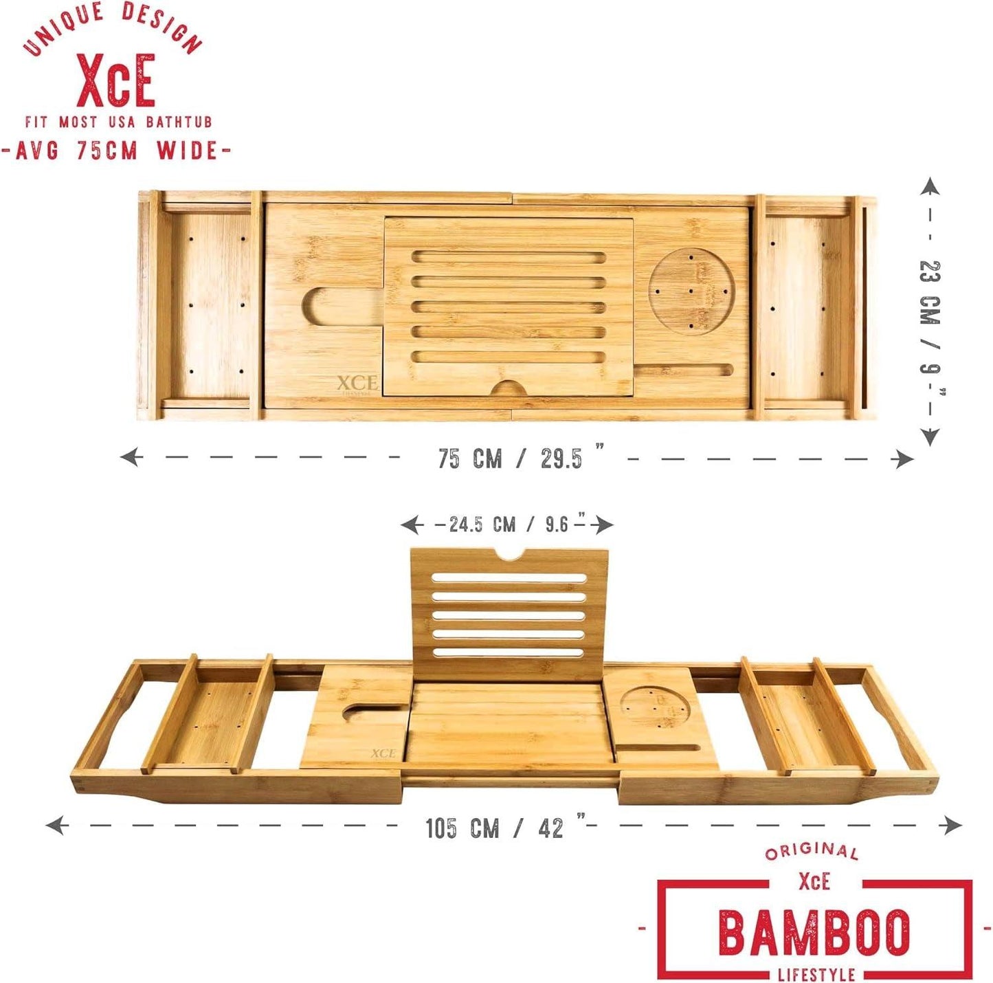 Bathtub Caddy Tray Expandable to 105Cm with Bamboo Book Stand and Soap Tray, Natural - Fly It Try It