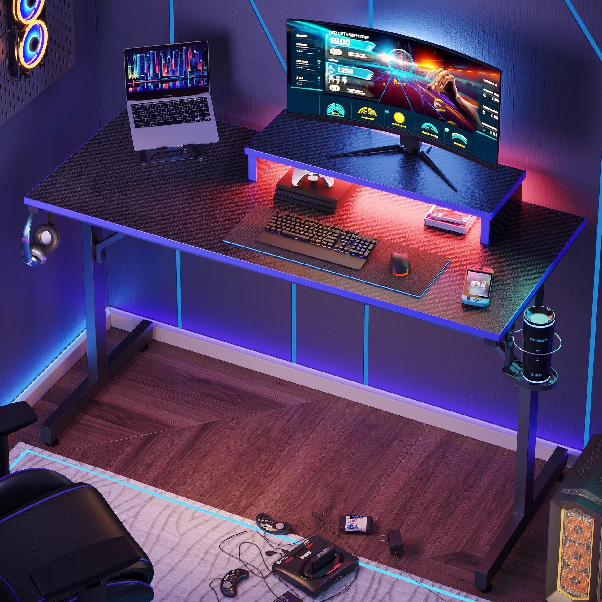 42" Gaming Desk PC Computer Table with LED Lights & Monitor Stand & Hook & Cup Holder in Blue - Fly It Try It