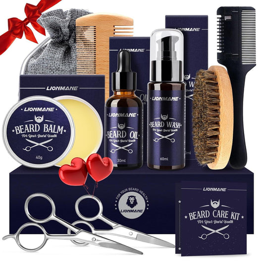 Beard Care Gifts Kit for Men, Beard Mustache Grooming Kit-Beard Balm, Beard Wash, Beard Oil, Brush, Scissors, Birthday Anniversary Daily Gifts for Husband/Boyfriend/Dad/Him - Fly It Try It