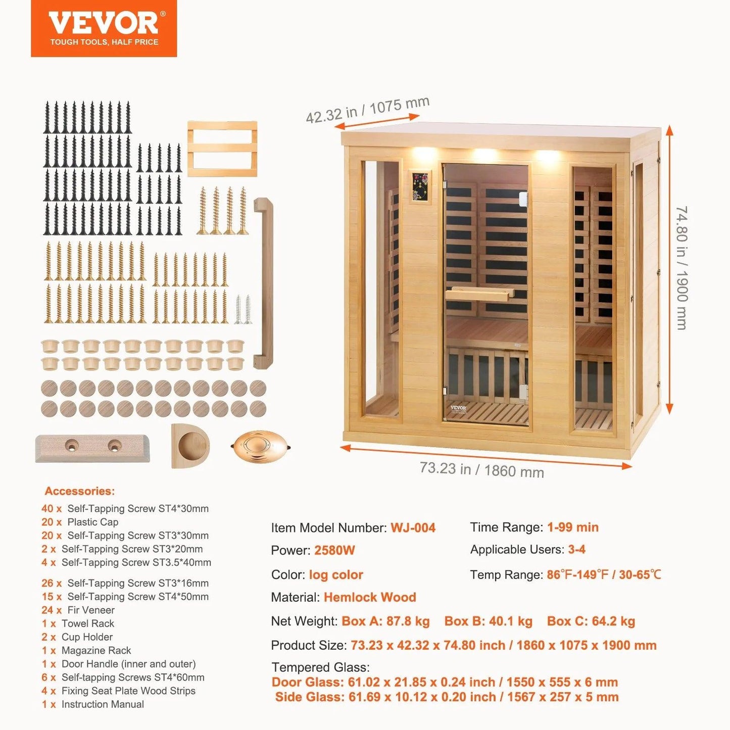 VEVOR Far Infrared Wooden Sauna Room Home Sauna Spa for 3 to 4 Person 2580W - Fly It Try It