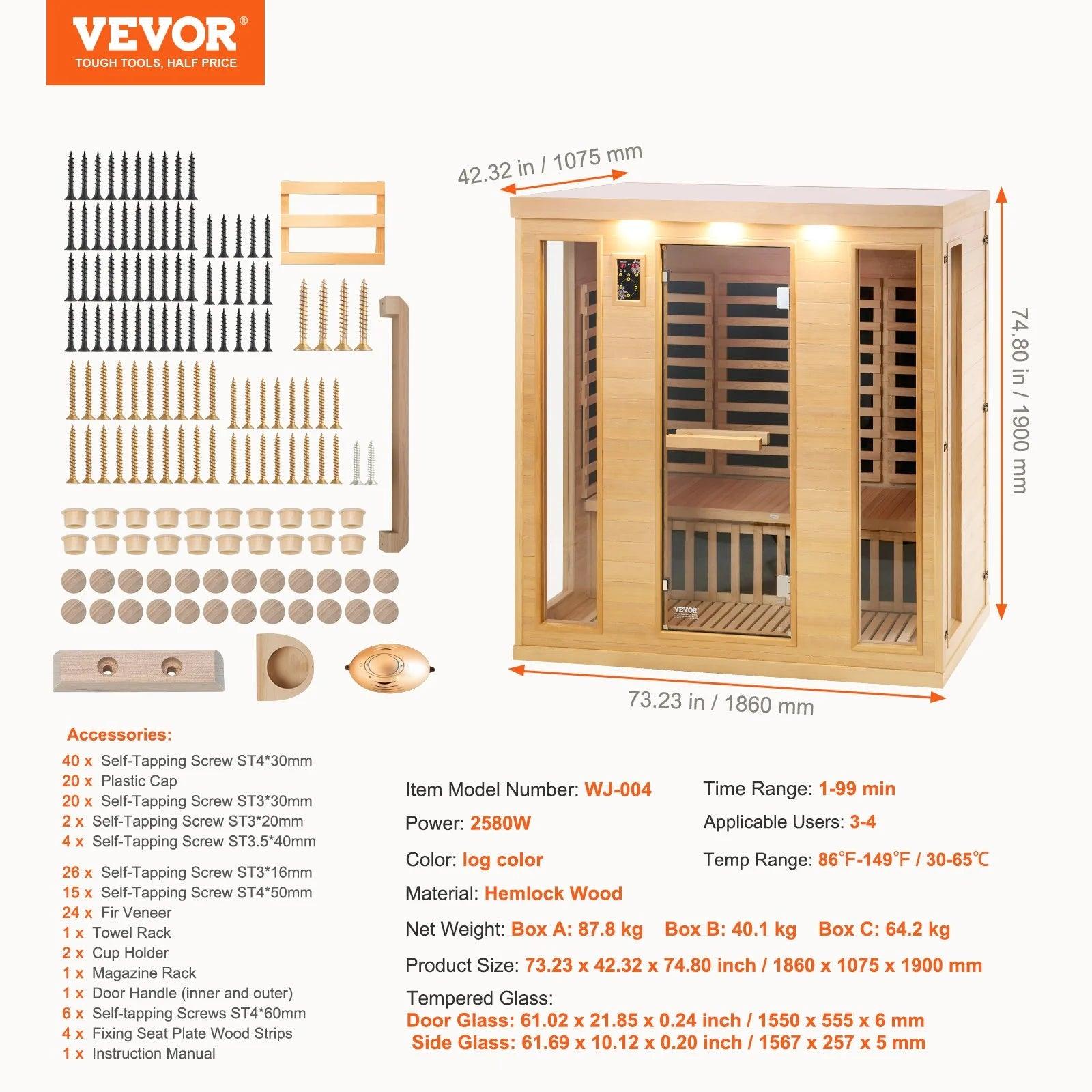 VEVOR Far Infrared Wooden Sauna Room Home Sauna Spa for 3 to 4 Person 2580W - Fly It Try It