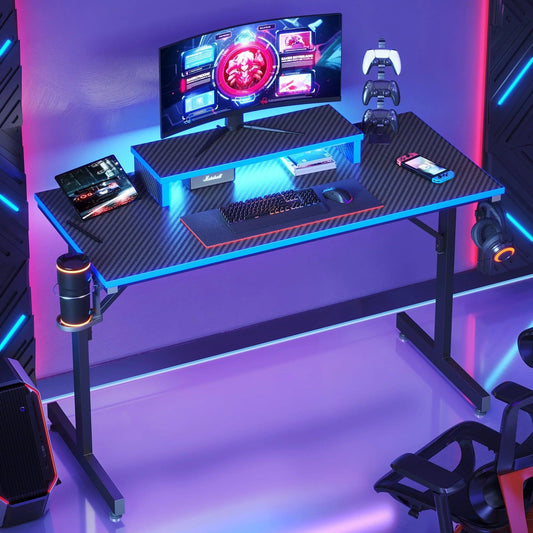 42" Gaming Desk PC Computer Table with LED Lights & Monitor Stand & Hook & Cup Holder in Blue - Fly It Try It