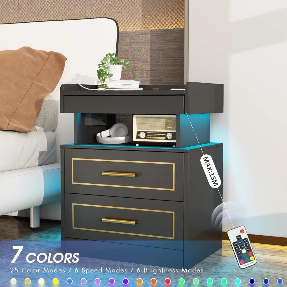 Modern Bedside Table with 2 Drawers Drawer Bedside Table with Charging Station and LED Light Bedroom Furniture Pull-Out Shelves - Fly It Try It