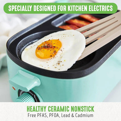 3-In-1 Breakfast Maker Station, Ceramic Nonstick Dual Griddles & Breakfast Sandwiches, 2 Slice Toast Drawer, Turquoise - Fly It Try It