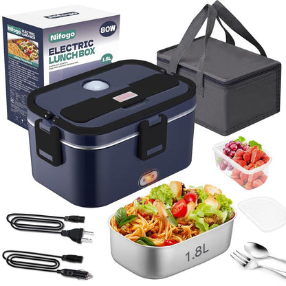 Electric Lunch Box Portable Food Warmer for Adults, 80W Food Warmer Lunch Box 1.5&1.8L Stainless Steel Containers & Bags 12V/24V/110V Stainless Steel Containers, Forks, Spoons & Bags for Car/Truck/Work/Outdoor Use