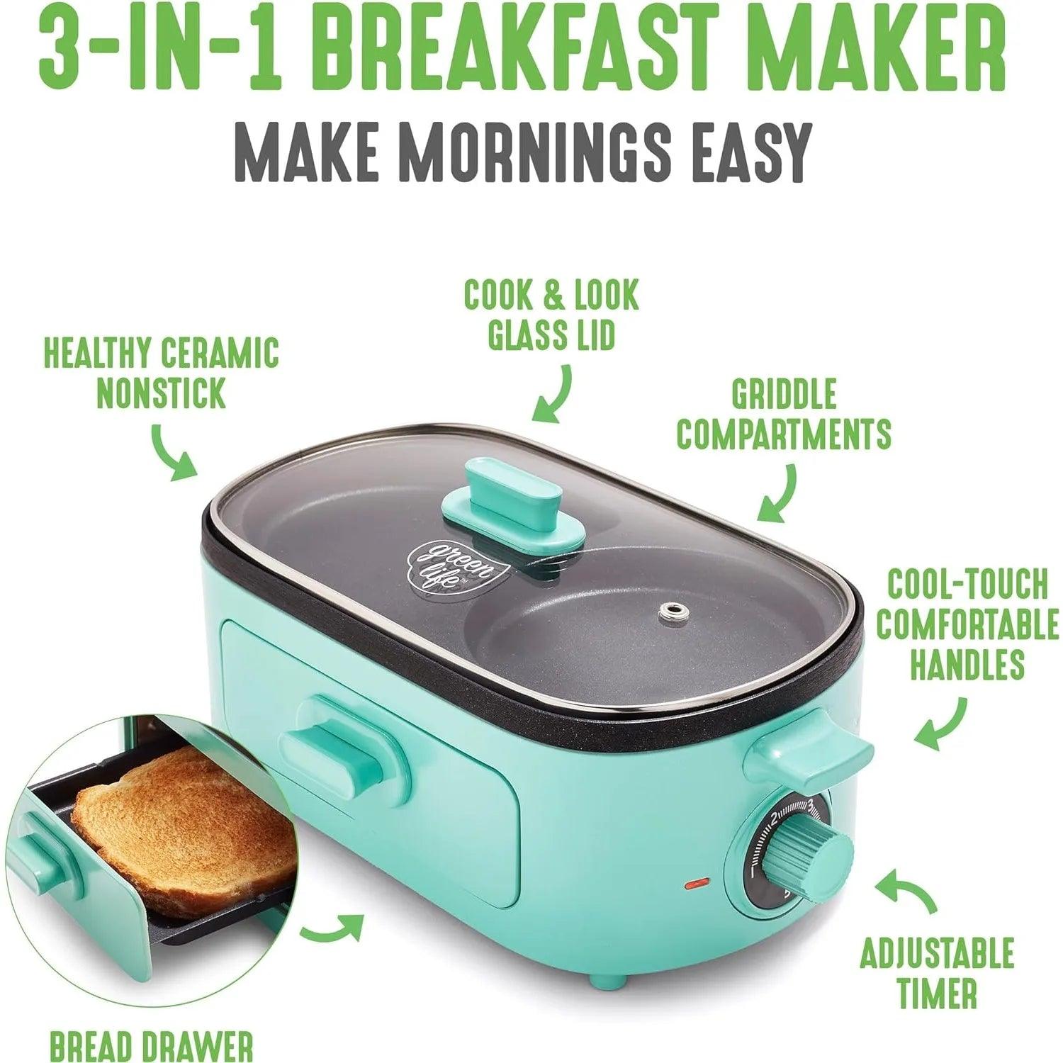 3-In-1 Breakfast Maker Station, Ceramic Nonstick Dual Griddles & Breakfast Sandwiches, 2 Slice Toast Drawer, Turquoise - Fly It Try It