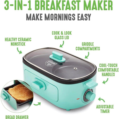 3-In-1 Breakfast Maker Station, Ceramic Nonstick Dual Griddles & Breakfast Sandwiches, 2 Slice Toast Drawer, Turquoise - Fly It Try It