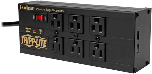 Isobar 6 Outlet Surge Protector Power Strip with 2 USB Charging Ports,10Ft Long Cord,Right-Angle Plug, Metal, 3840 Joules,Lifetime Limited Warranty & $50K Insurance (Ibar6Ultrausbb)Black - Fly It Try It