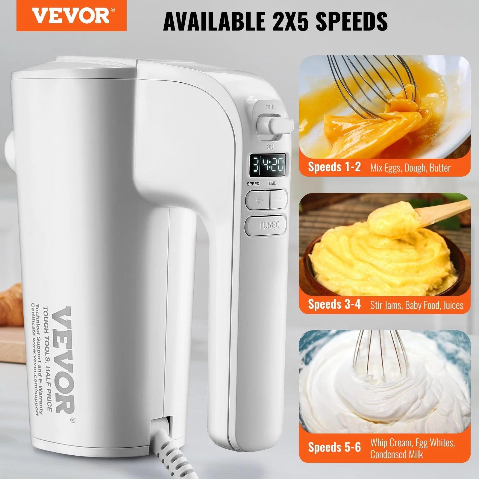 VEVOR Digital Electric Hand Mixer, 5-Speed, 200W Portable Electric Handheld Mixer, with Turbo Boost Beaters Dough Hooks Whisks Storage Bag, Baking Supplies for Whipping Mixing Egg Cookie Cake Cream - Fly It Try It