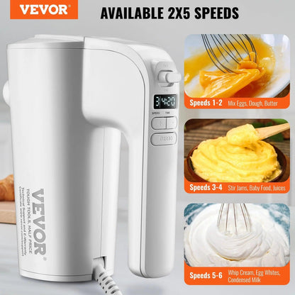 VEVOR Digital Electric Hand Mixer, 5-Speed, 200W Portable Electric Handheld Mixer, with Turbo Boost Beaters Dough Hooks Whisks Storage Bag, Baking Supplies for Whipping Mixing Egg Cookie Cake Cream - Fly It Try It