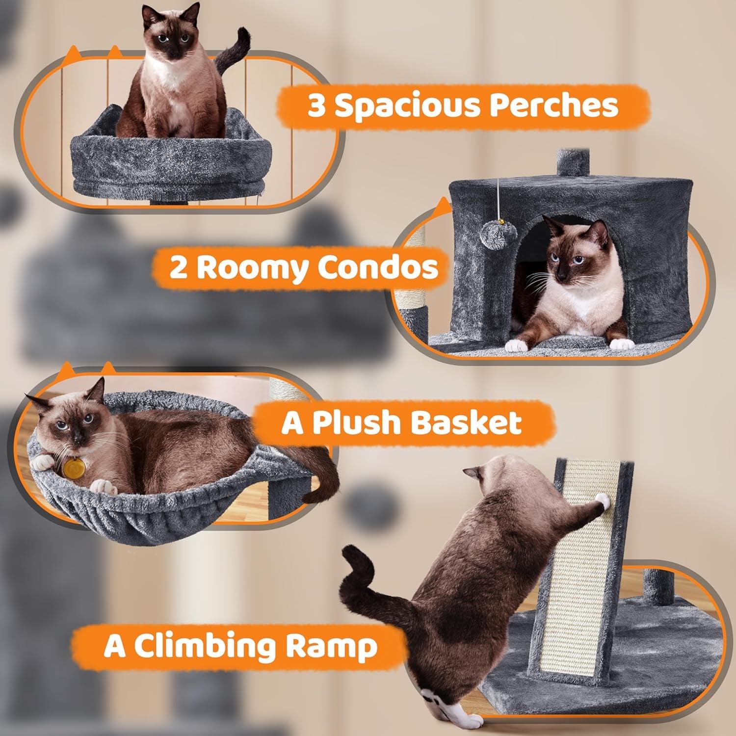 68.5In Cat Tree Multi-Level Cat Tower with Large Cat Condo＆Cozy Perches Stable Pet Play House W/Sisal-Covered Scratching Posts＆Board for Indoor Cats, Dark Gray - Fly It Try It