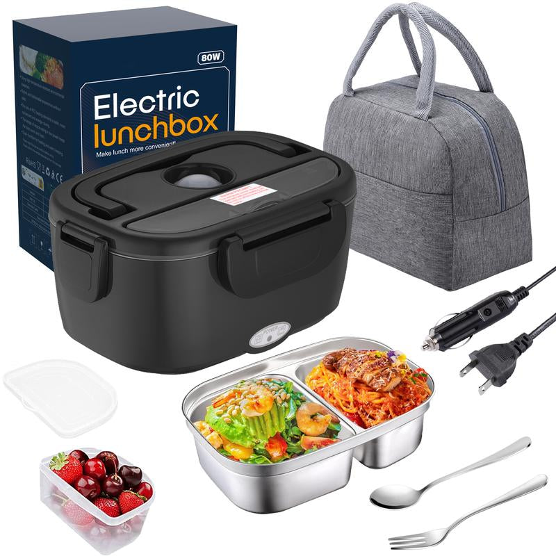 Electric Lunch Box Portable Food Warmer for Adults, 80W Food Warmer Lunch Box 1.5&1.8L Stainless Steel Containers & Bags 12V/24V/110V Stainless Steel Containers, Forks, Spoons & Bags for Car/Truck/Work/Outdoor Use