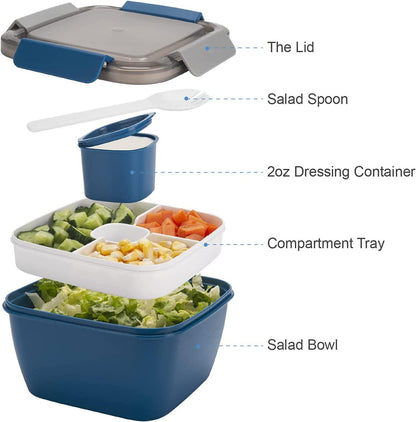 Salad Lunch Container to Go, 52-Oz Salad Bowls with 3 Compartments, Salad Dressings Container for Salad Toppings, Snacks, Men, Women (Blue) - Fly It Try It