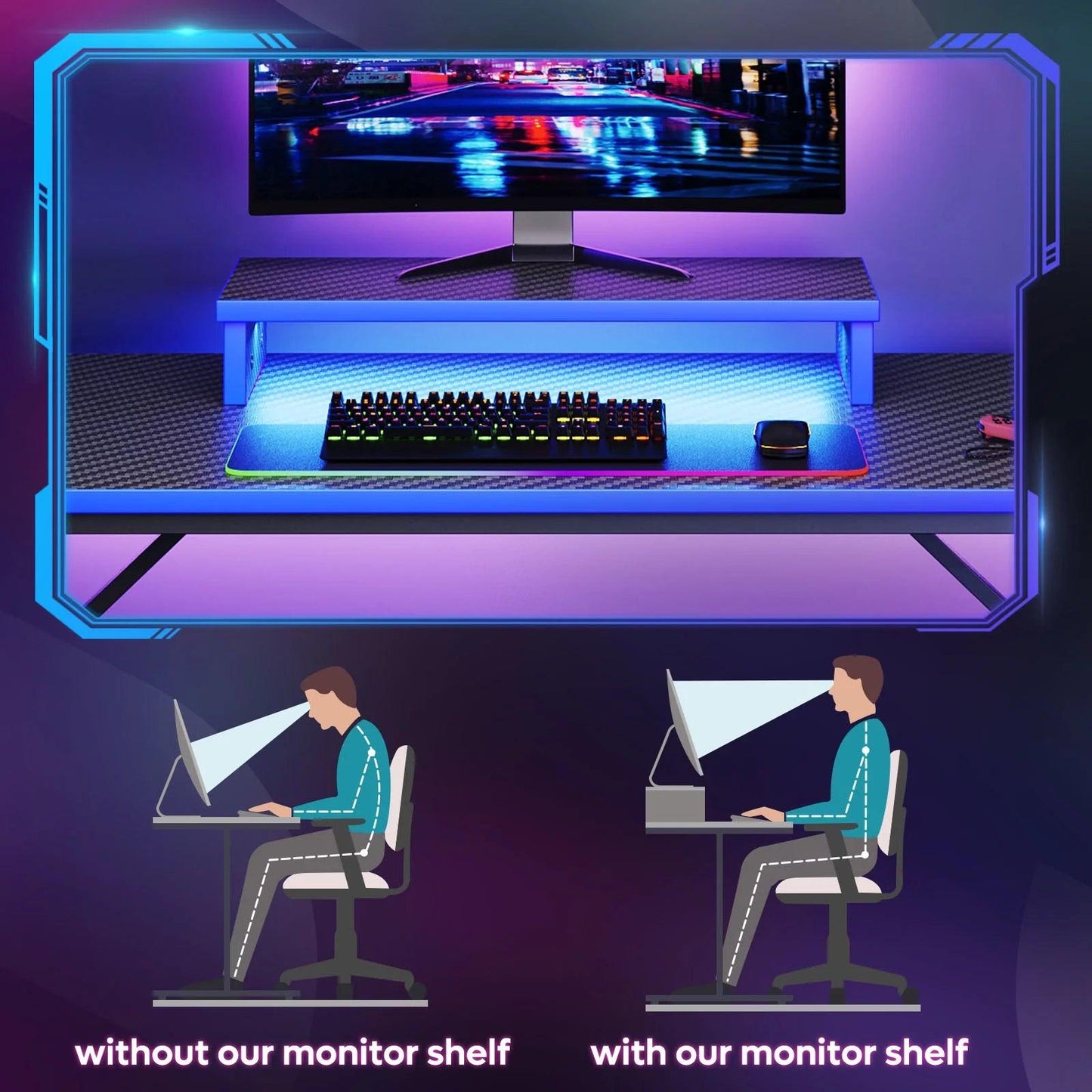 42" Gaming Desk PC Computer Table with LED Lights & Monitor Stand & Hook & Cup Holder in Blue - Fly It Try It