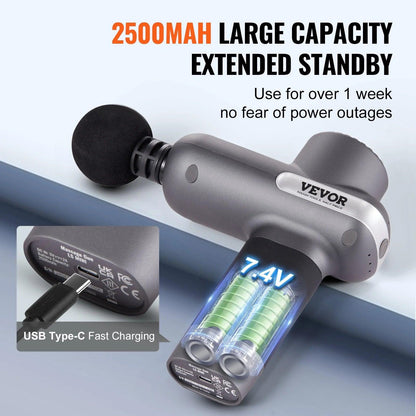 VEVOR Massage Gun Deep Tissue, Percussion Muscle Massager for Athletes - with 5 Speed Levels & 6 Massage Heads, 7.4V 2500Mah Batteries, Handheld Electric Massage Gun for Pain Relief, Muscle Relaxation - Fly It Try It