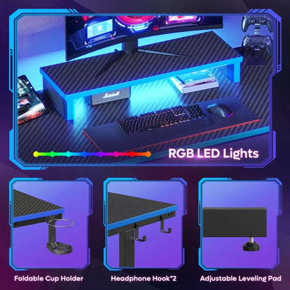 42" Gaming Desk PC Computer Table with LED Lights & Monitor Stand & Hook & Cup Holder in Blue - Fly It Try It