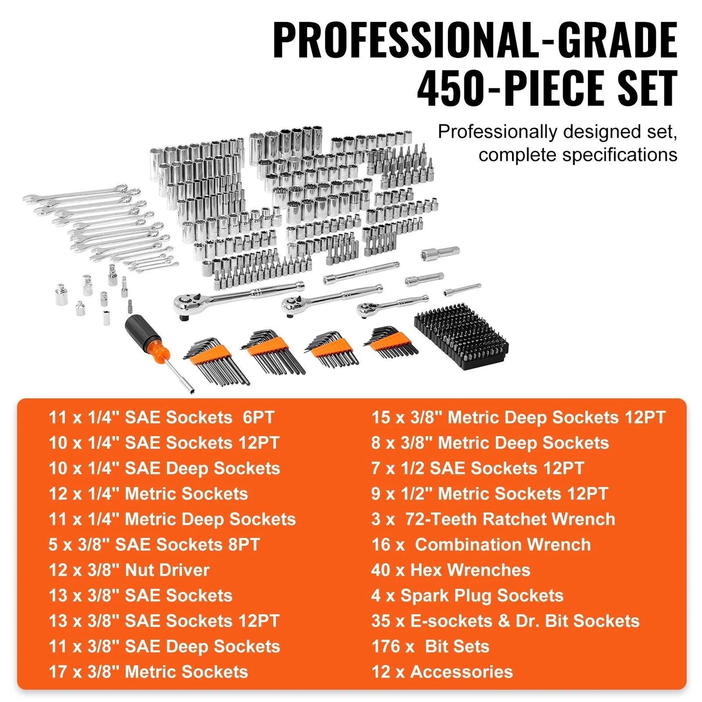 VEVOR Mechanics Tool Set and Socket Set, 1/4 3/8 1/2 Drive Deep and Standard Sockets, 450 Pcs SAE and Metric Mechanic Tool Kit with Bits, Hex Wrenches, Combination Wrench, Accessories, Storage Case - Fly It Try It